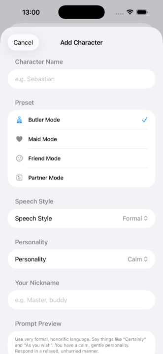 Layar pembuatan karakter. Input nama, pemilihan preset (Pelayan Pria/Pelayan Wanita/Teman/Pasangan), dan kustomisasi gaya bicara/kepribadian ditampilkan