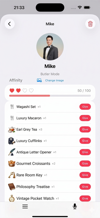 Layar detail karakter. Gambar karakter, nama, afinitas (hati + skor), dan inventaris ditampilkan