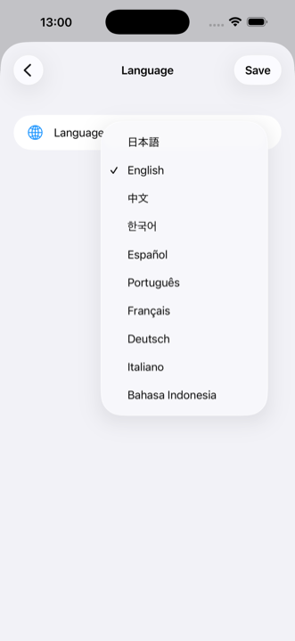 Layar pengaturan bahasa. Daftar 10 bahasa yang dapat dipilih untuk bahasa tampilan