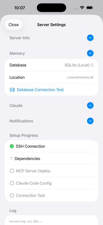 Layar pengaturan memori. Pemilihan jenis database (Tidak Ada/SQLite/PostgreSQL), pemilihan penyedia embedding, input API key, dan langkah progres pengaturan