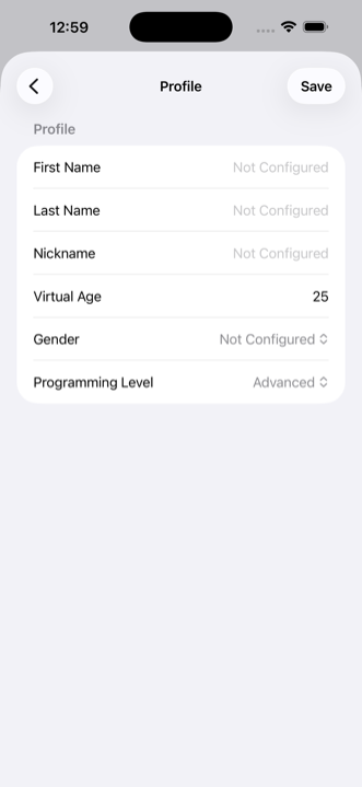 Layar pengaturan profil. Kolom input untuk nama belakang, nama depan, nama panggilan, usia virtual, jenis kelamin, dan pengalaman pemrograman