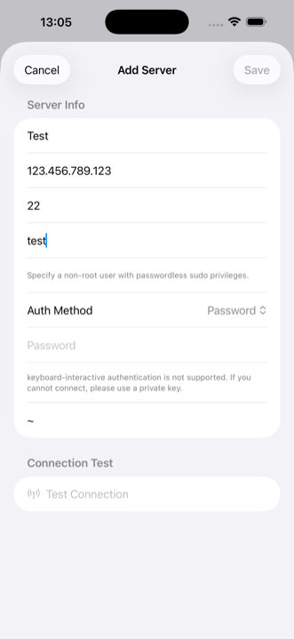 Layar penambahan server. Kolom input untuk nama server, host, port, nama pengguna, pemilihan metode autentikasi (kunci privat/kata sandi), dan tombol tes koneksi