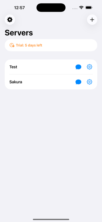 Layar daftar server. Setiap baris menampilkan nama server dengan tombol chat (ikon gelembung bicara) dan tombol pengaturan (ikon roda gigi) di sisi kanan