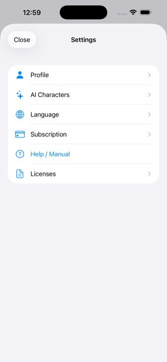 Layar hub pengaturan. Empat item terdaftar: Profil, Karakter AI, Bahasa, dan Lisensi