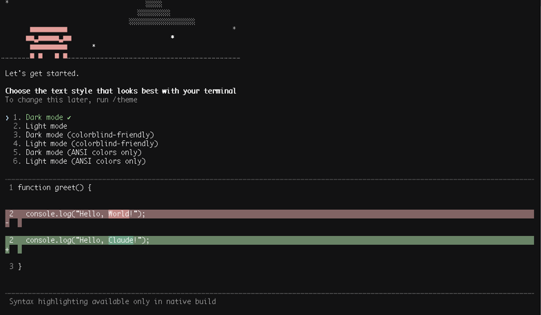 Claude Codeのテーマ選択画面。Dark mode、Light modeなど6つのテキストスタイルから選択可能