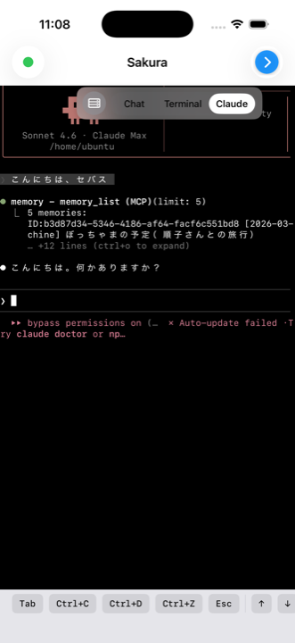 Claudeタブ。Claude Code のTUI画面がそのまま表示され、ツール実行やthinkingの詳細が見える