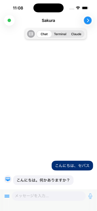 チャット画面。ユーザーの青い吹き出しとClaude の灰色の吹き出しが交互に表示され、コードブロックにはシンタックスハイライトとコピーボタンが付いている